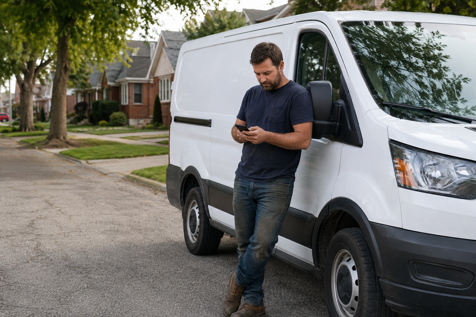 Local business owner responding to a lead beside a work van in Windsor